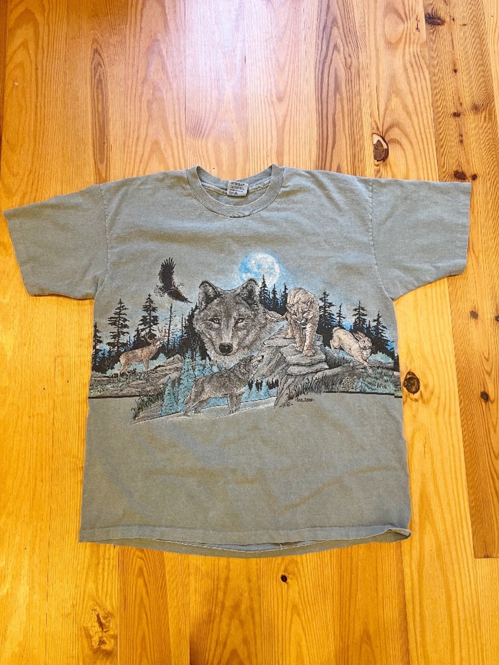 Vintage 90s T Shirt All Over Nature Print Extra Large Wolf Moon Single Stitch